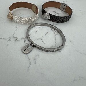 MK Silver Pavé Lock Bangle/White&BLK Stingray-Texture Cuffs SET OF 3 Bundle